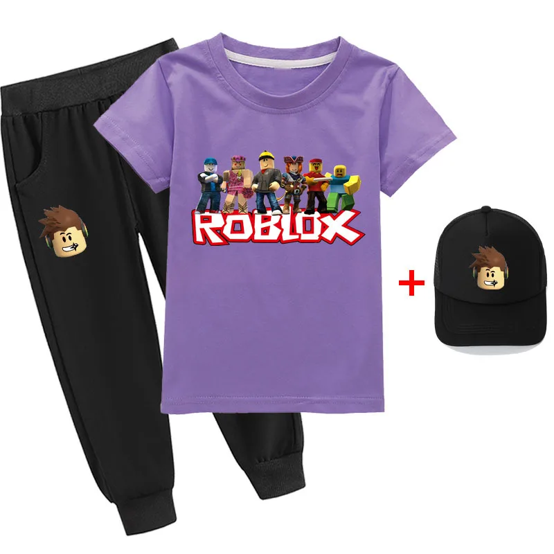 2024 Autumn Children, Roblox Fine Cotton Boys and Girls Short-sleeved T-shirt Set + Hat Three-piece Set Children's Clothing