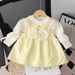 Autumn Winter New Girls Dress Round Neck Long Sleeve Lantern Under Bow Lace Pleated Delicate Buttons Fake Two Dresses