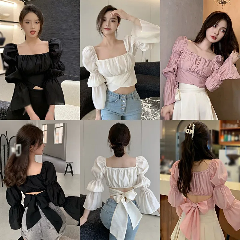 Women\'s Blouse Square Collar Bow Bandage Sweet Navel Exposed Chiffon Long Sleeves Shirts