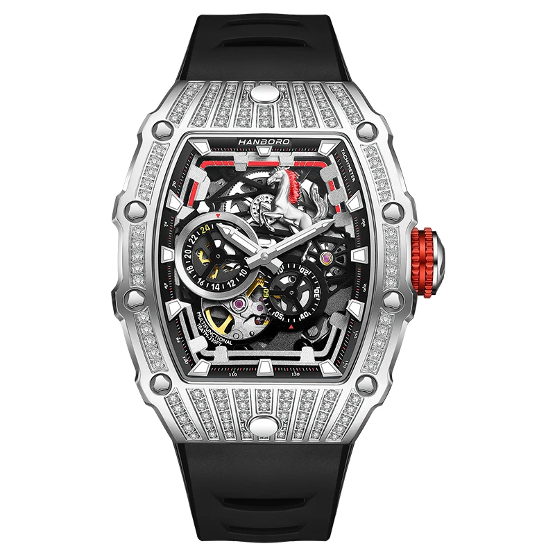 

HANBORO Men Automatic Watch 50mm Tonneau Mechanical Wristwatch Luminous 5ATM Waterproof Skeleton Horse Dial Miyota 82S7