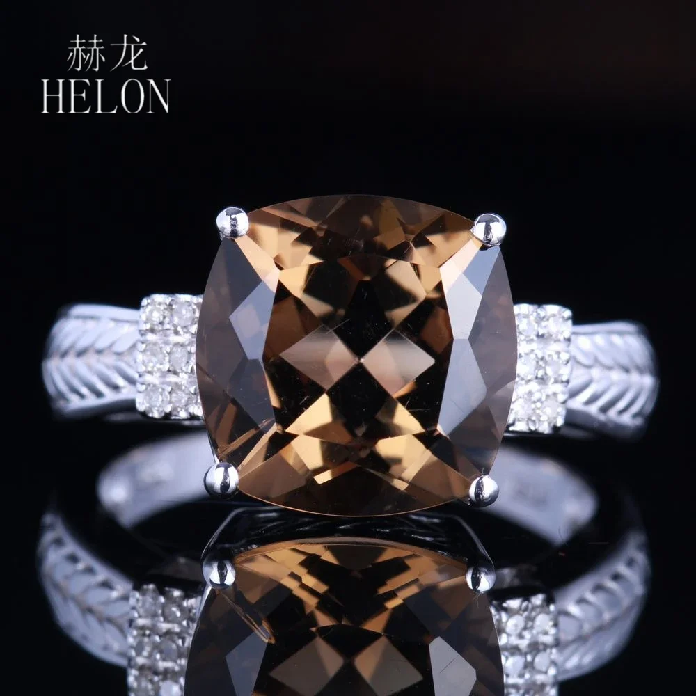 

HELON Solid 14K White Gold Ring Flawless Cushion 10mm Smokey Quartz Topaz Diamonds Engagement Ring Women Romantic Gift Jewelry