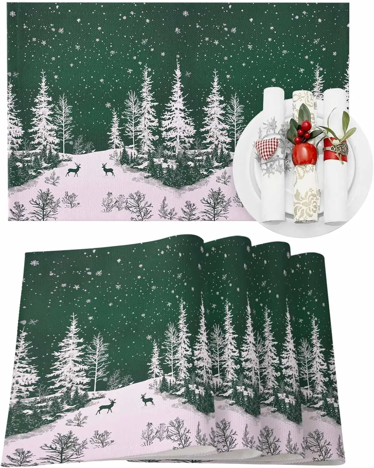

Christmas Tree Reindeer Snowflake Green Table Placemats Dining Decor Washable Winter Holiday Placemats Christmas Decorations