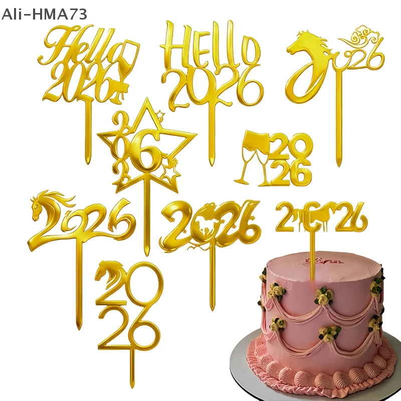 

CCA83-2026 New Year Party Cake Topper Decoration Gold Acrylic Dessert Flag Kids New Year Xmas Gift Cake Topper Baking Supplies