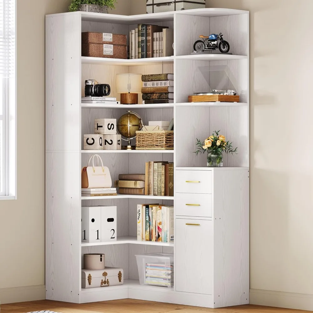 

Tall Corner Bookshelve, 6 Tiers L-Shap Bookcase W/10 Open Shelves 2 Storage Drawer for Living Room or Home Office, Easy Assembly