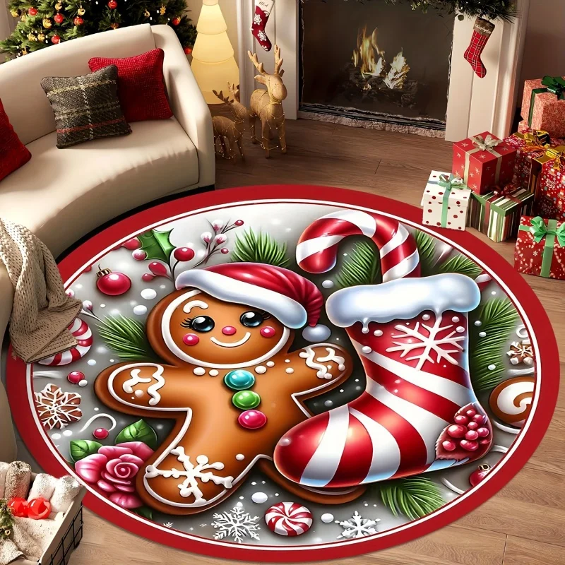 Gingerbread Man Christmas Stocking Round Area Rug Candy Cane Snowflake Printed Circular Floor Mat,Indoor Home Decor