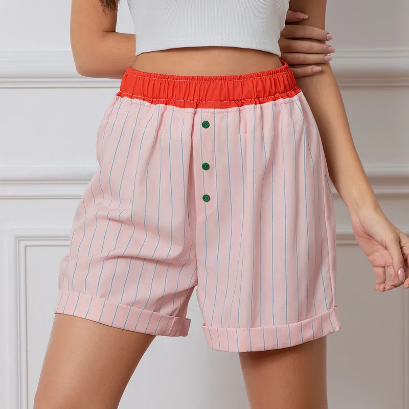 

WPNAKS Women Elastic Waist Shorts Summer Clothes Casual Patchwork Stripe Print Shorts Sleepwear Streetwear