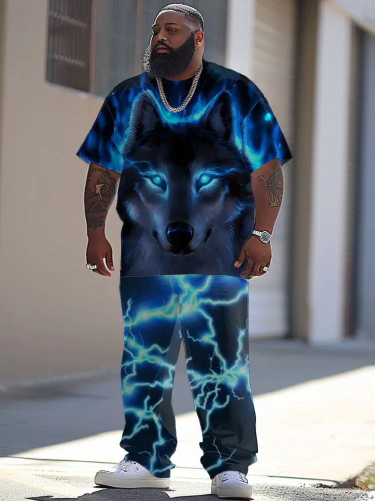 L-9XL Short sleeved T-shirt Long Pants Set Plus Size Men Simple Geometry Tiger Wolf Animal Print Two Piece Set ZOOY