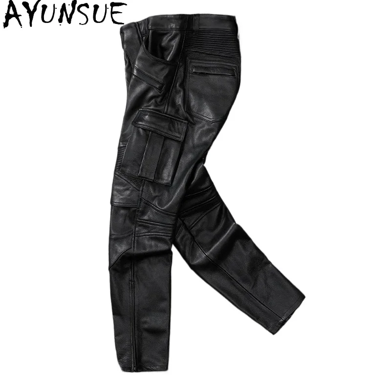 AYUNSUE Top Layer Soft Cowhide Genuine Leather Pants for Man Heavy Riding Trousers with Pockets for Insert Armor pantalones 2026