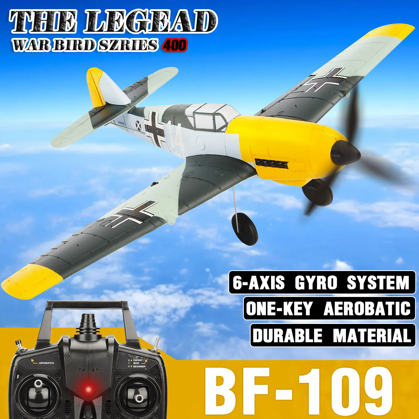 Volantexrc BF109 Remote Control Airplane 2.4GHz 4CH 400mm Wingspan One Key U-Turn Aerobatic RC Plane RC Warbird Gift Toys 761-11