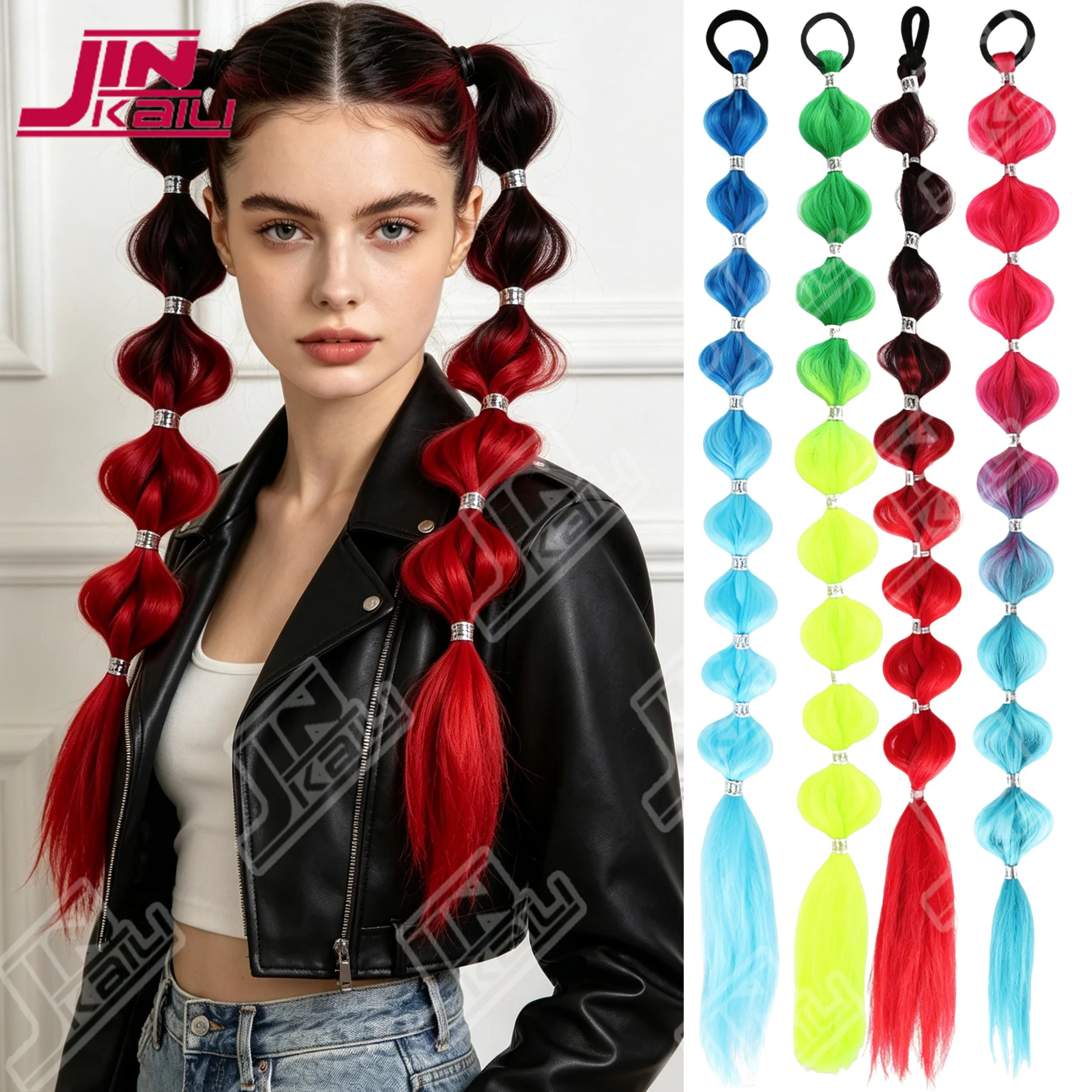 JKL Colorful Synthetic Silver‑clasp Bubble Ponytail  24inches Lightweight Braided Hair Festival Rave Accessories for Girl Crazy