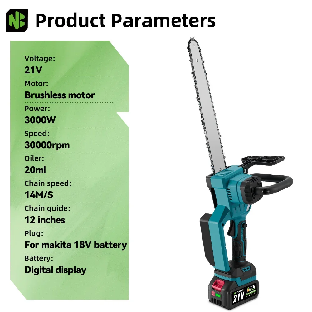 Newbeny 12 Polegada serra elétrica sem escova sem fio eficiente jardim carpintaria ferramenta elétrica de corte para makita 18v-21v bateria