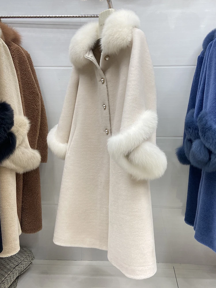 New Arrival Winter Women Female 100% Woolen Long Coat With Natural Fox Fur Collar Cuff Long Wool Winter Warm Outwear