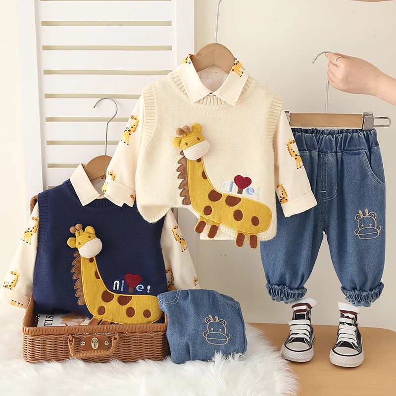 Unisex 3-Piece Set – Cartoon Print Long Sleeve Shirt, 3D Giraffe Knit Vest & Denim Pants, Casual Kids Outfit Girls Clothes