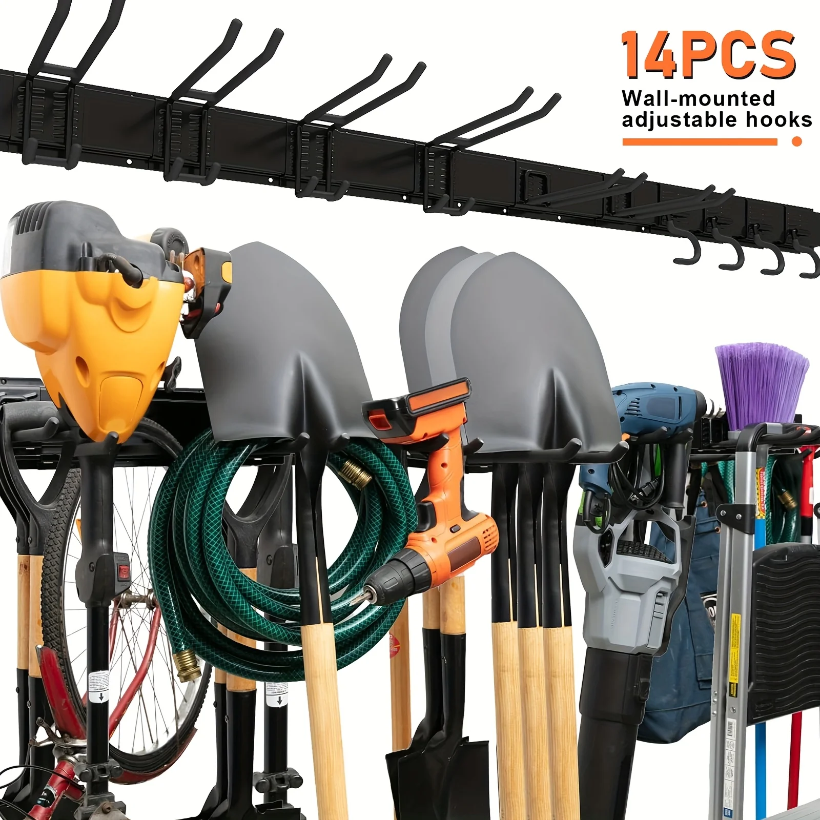 

Heavy-Duty Wall Mounted Adjustable Tool Racks, 14pcs Storage Garage Tool Organizer For Garden Tools, Shovels, Chair, Trimmers, Hoses, Ladders, Bulky Items, Rake, 64 Inches With 4pcs Rails And 10 Heavy Duty Hooks Tracks Max Load 600lb