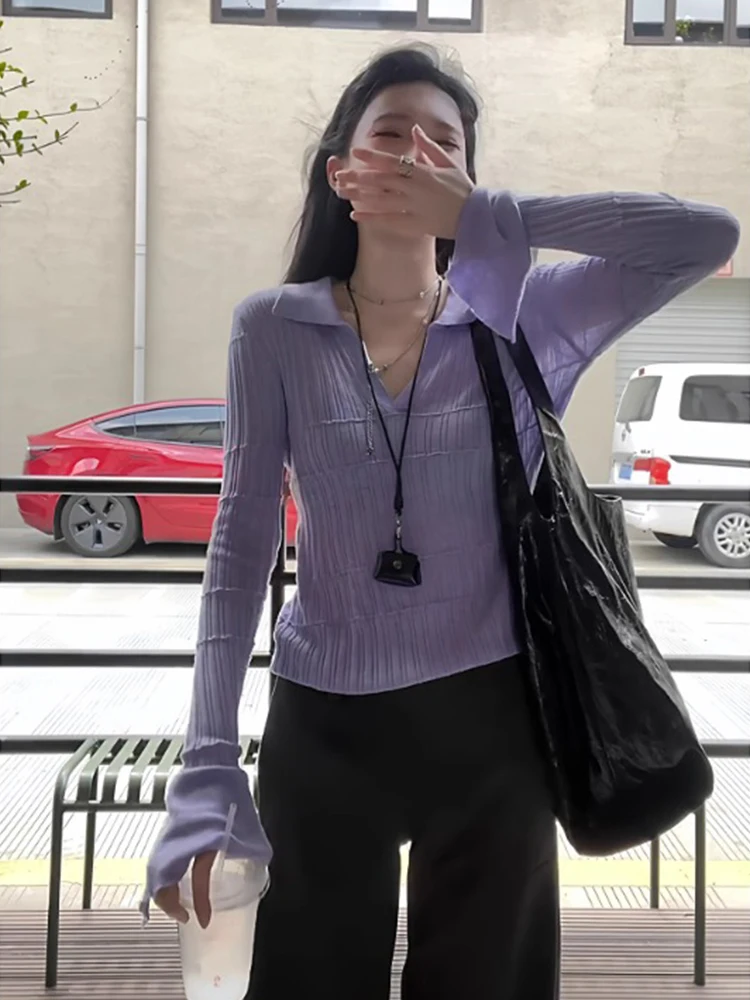 

Faionable Long Sve трикотажный женский облегающий топ с v-образным вырезом и отложным воротником, модная повседневная одежда для поездок на работу