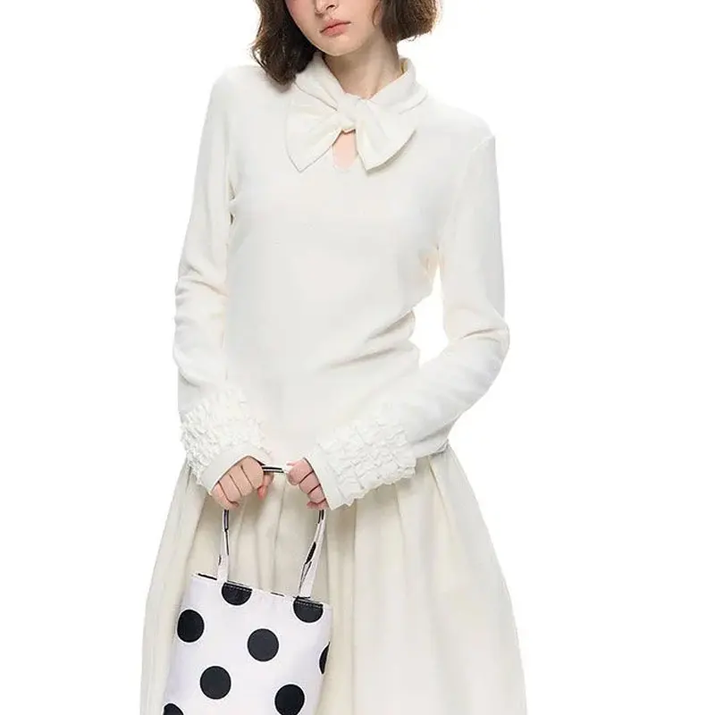 

Basic Solid Color Sweet Bow T-shirts Autumn Winter New Fashionable Spliced Female Clothing Vintage Long Sleeve Slim Pullovers