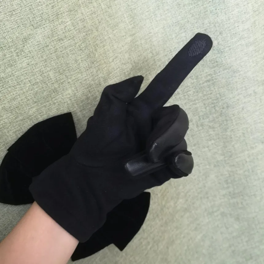 Retro Elegant Black PU Leather Gloves for Women Gothic Large Velvet Bow Pearl Badge Warm Touchable Five Finger Gloves for Party