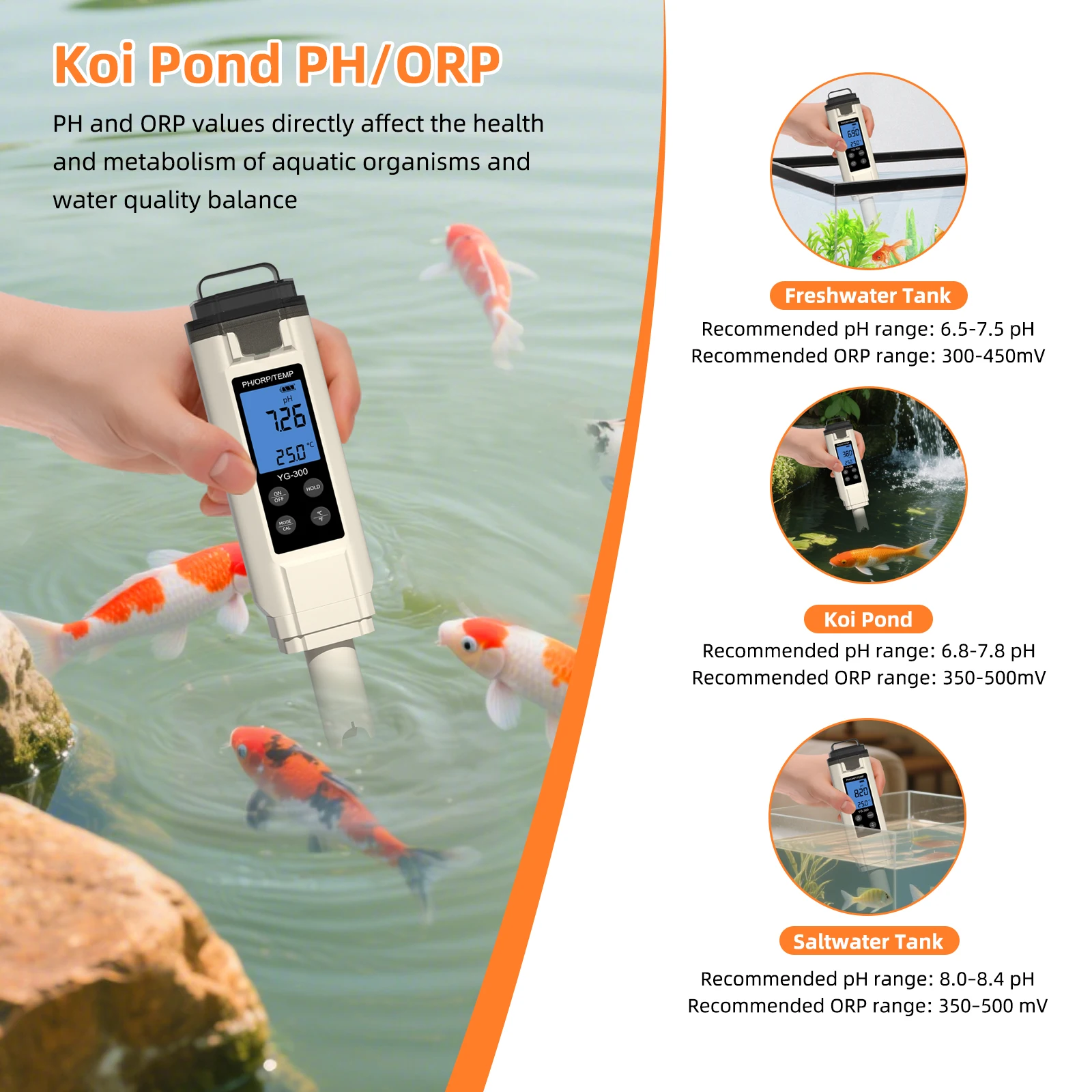 Yieryi Digitales 3-in-1 PH/ORP/Temperaturmessgerät ±1200 mV Redox-Tester Trinkwasserqualitätsanalysator für Aquarium, Pool, Hydrokultur, Spa