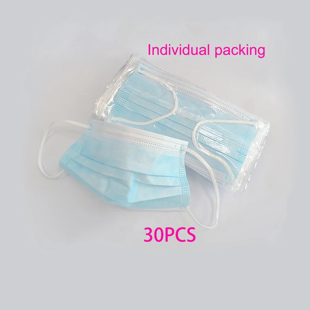 

30 шт. маски для рта 3-слойные противопыльные одноразовые маски для ресниц нетканые маски из расплавленной ткани эластичная ушная петля для лица синий большой размер
