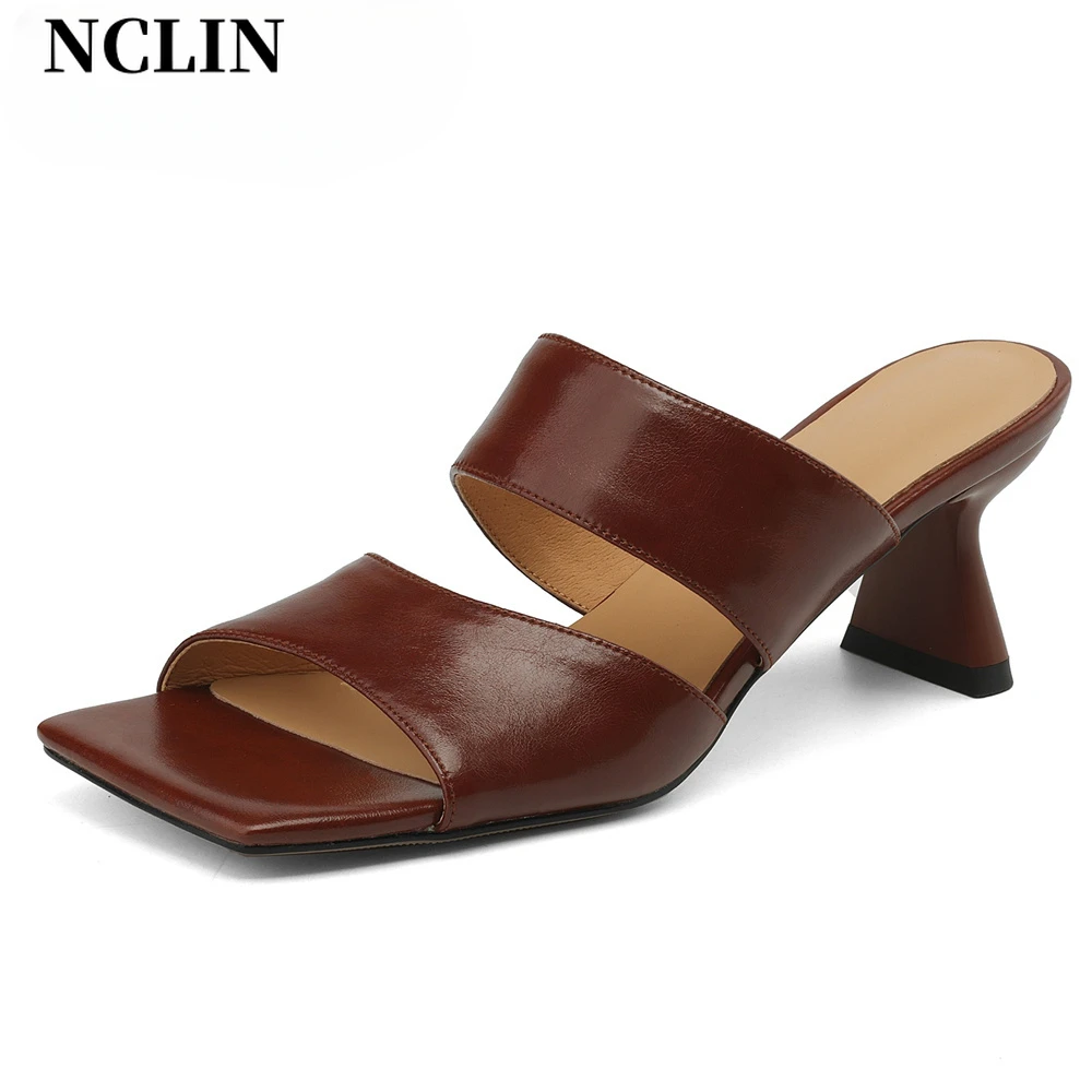 

NCLIN New Women Genuine Leather Sandals High Heels Square Toe Summer Comfort Casual Shoes Woman Female Fashion Pumps Slippers