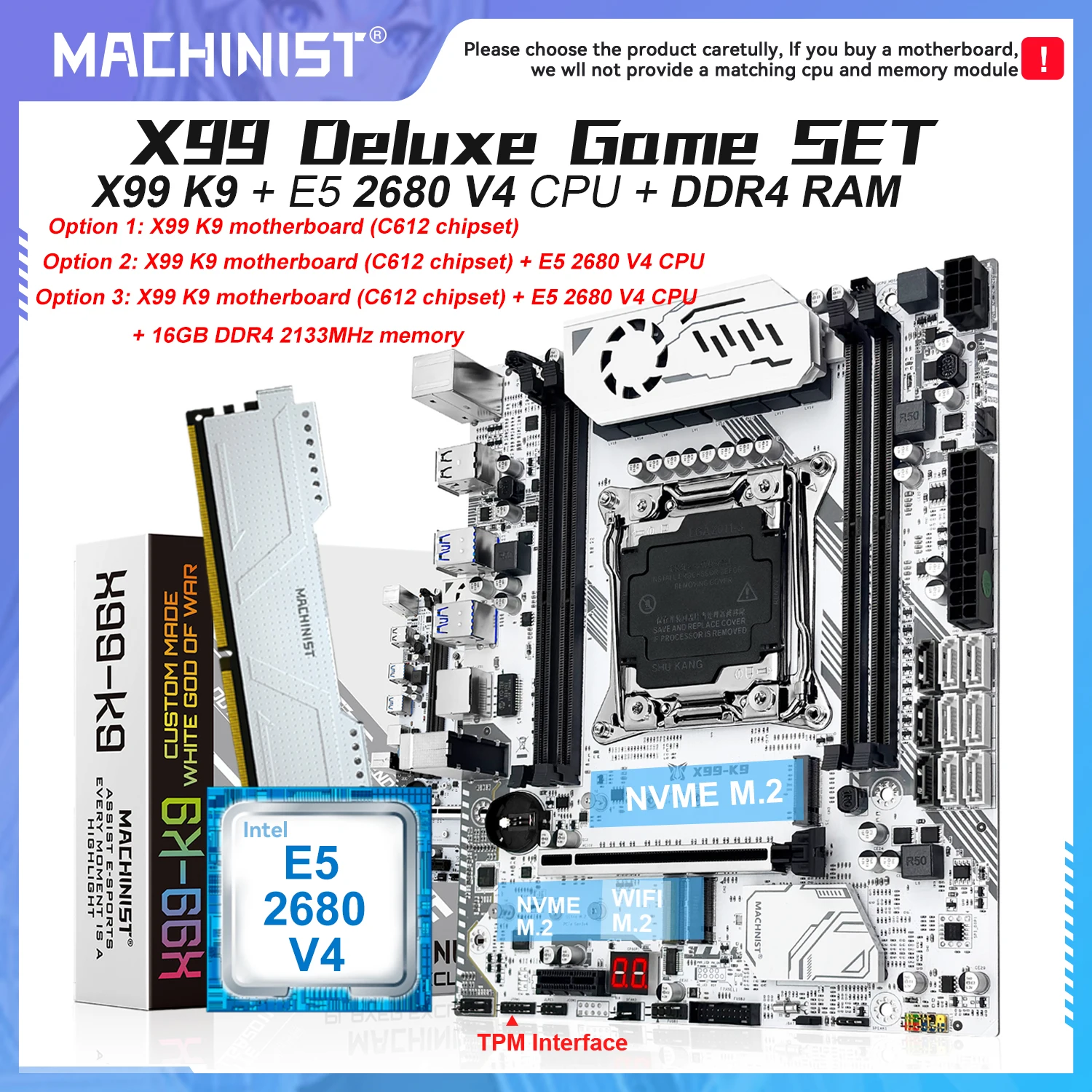 

K9 TPM2.0 MACHINIST X99 Motherboard LGA2011-3 Optional Kit Xeon E5 2680 V4 CPU DDR4 memory 16GB support NVME M.2 M-ATX USB3.0*9