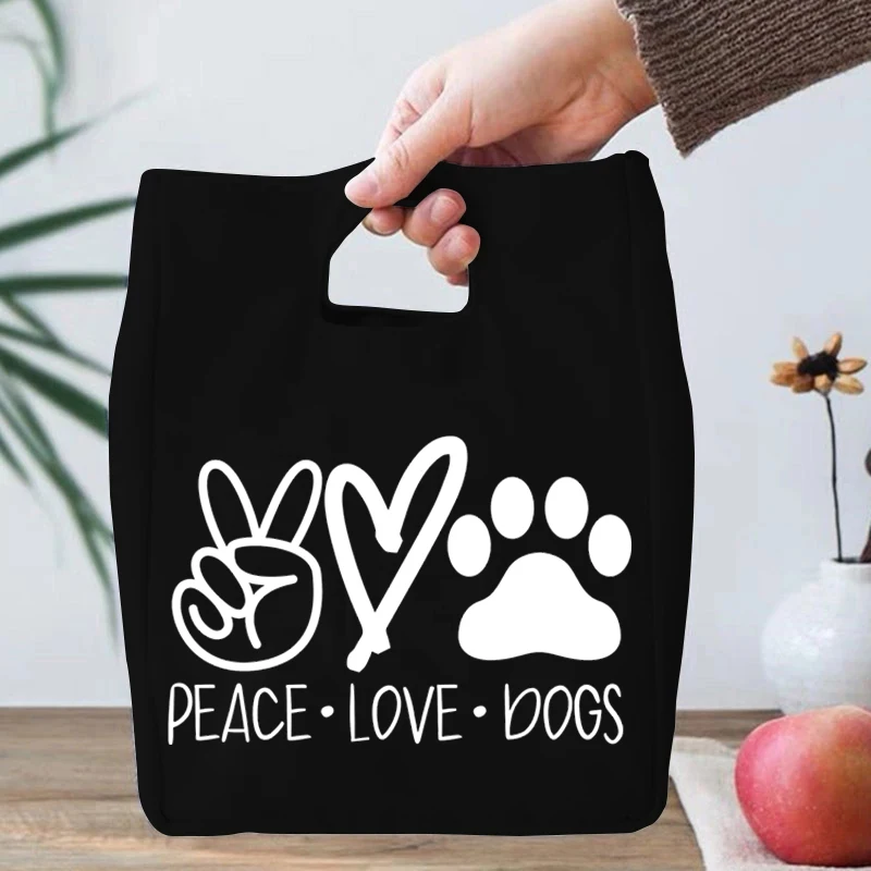 Peace Love Dogs Pattern Cooler Lunch Box Portable Insulated Canvas Lunch Bag Thermal Food Women Kids Funny Dog Paw Lunch Bags