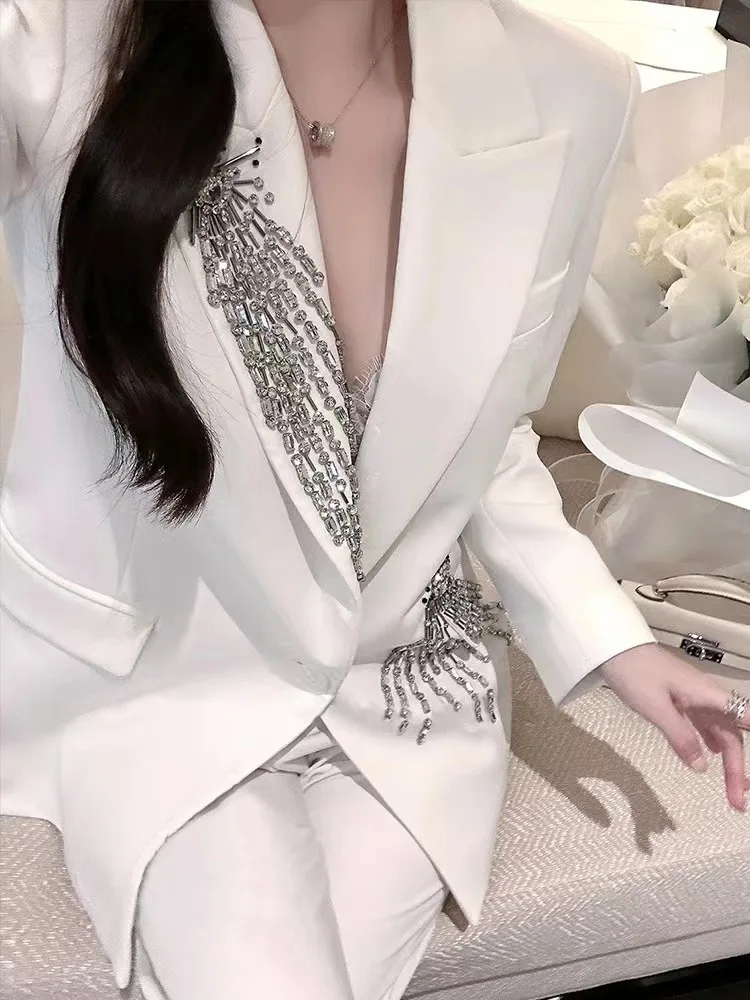 Women Ladies Blazer  Luxury Rhinestone Office Business Formal Wedding  Exquisite Elegant Suit Jacket Single Top