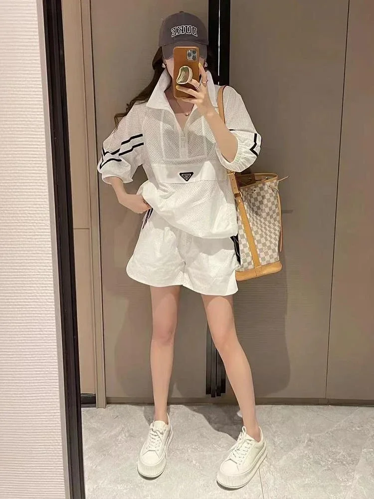 Fashion 2Pcs Oversize Women Sweat Suit Set Thin Long Sleeve 2023 New Sunscreen Coat Top and Shorts Two Piece Set White Outfits