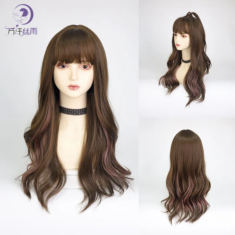 Women's hair , natural head , realistic large wavy highlights in pink, long curly synthetic fiber full wig