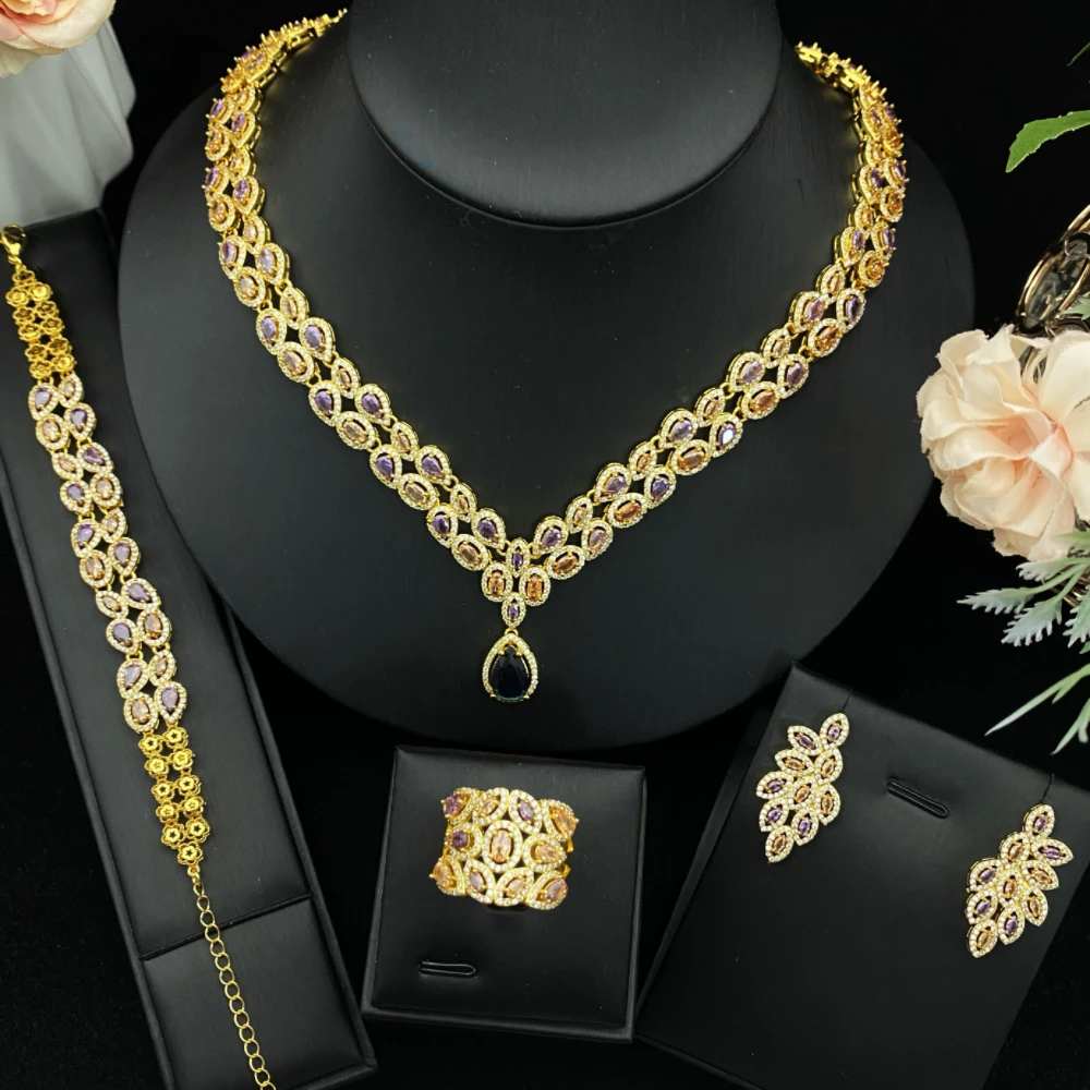 

JRH Fashion Romantic Style Women's Jewelry Set Necklace Earrings Rings Bracelet 4PCS Suitable wedding anniversary Party Gift set