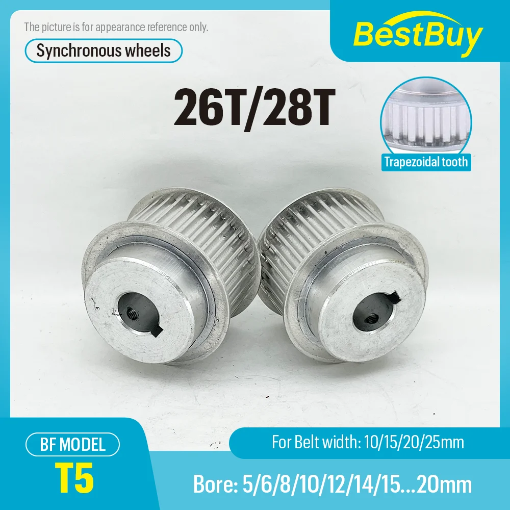 

T5 Timing Belt 26T/28T Synchronous Wheels Bore 5-20mm Alloy Wheels BF Shape Pitch 5mm Match With Width 10/15/20/25mm
