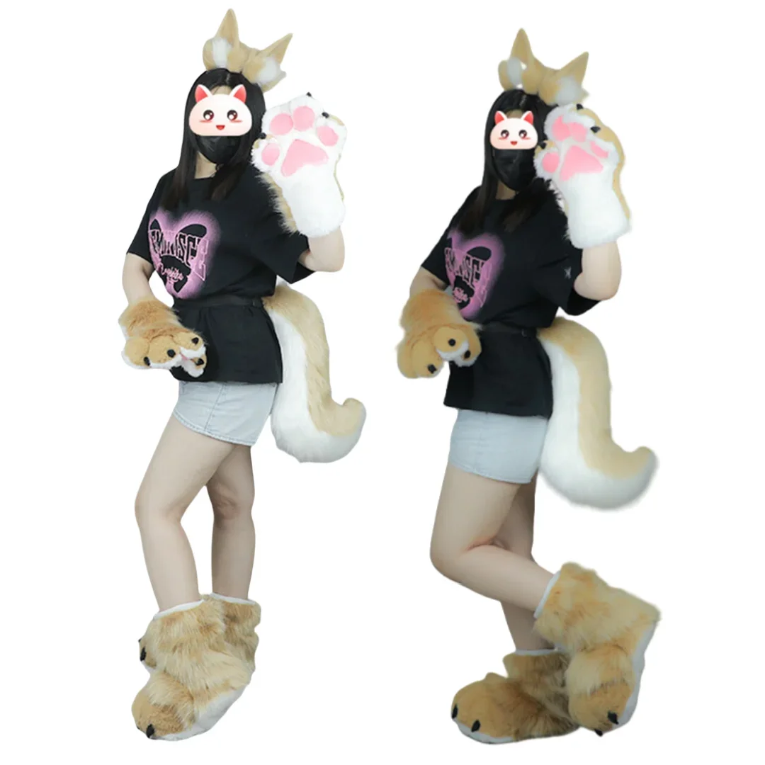 

Fursuit Cosplay Costume Plush Animal Paw Socks Cosplay Props Cute Cat Paw Animal Claw Fingerless Gloves Headgear Shoes Tail Set