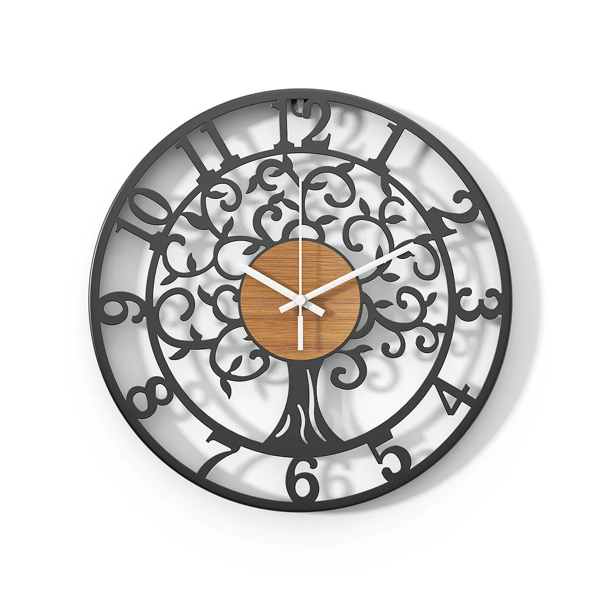 Life Tree Iron Art Wood Grain Board Wall Clock Simple Digital Watch