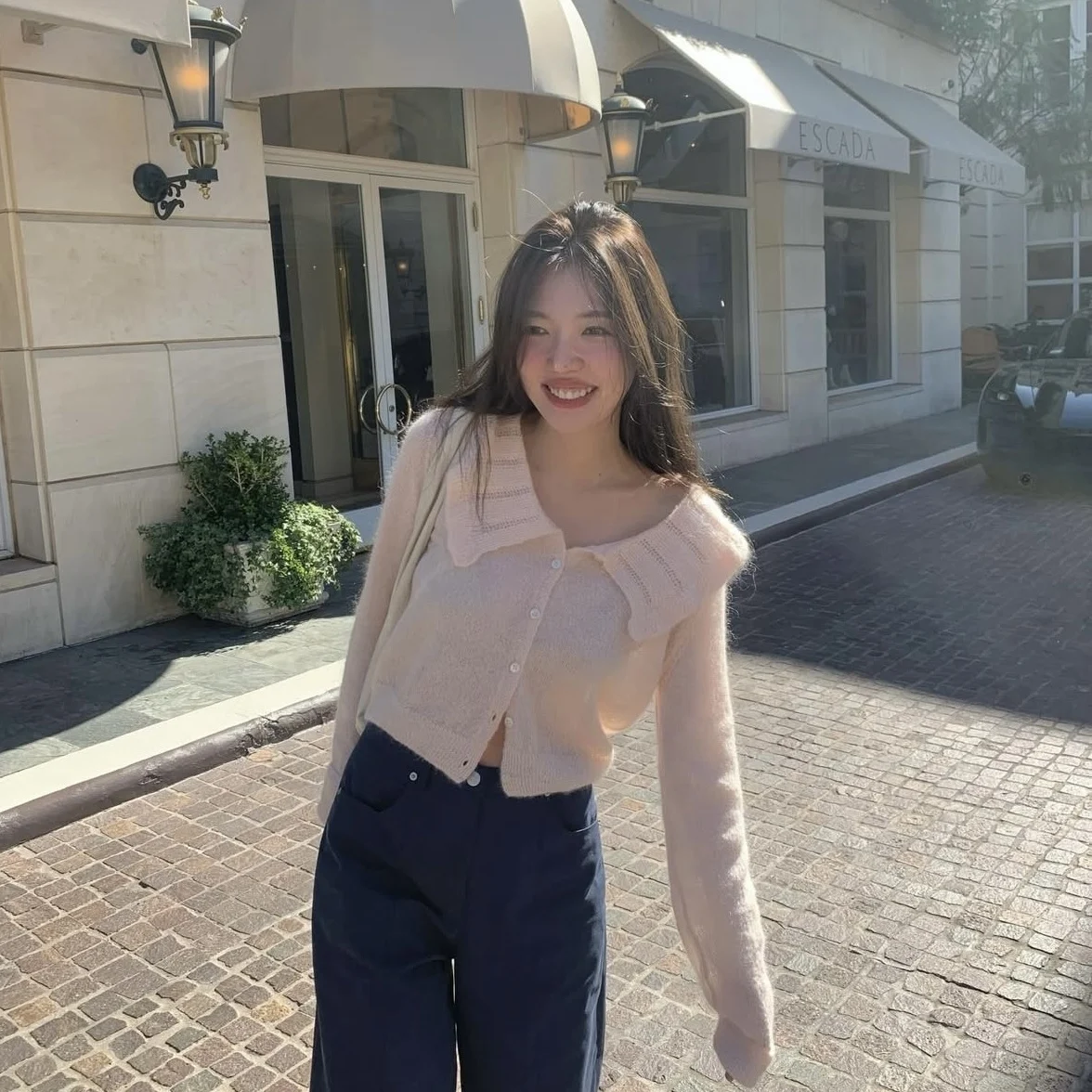 

Sweet Sle Tannat26 Spring Cardigan Coat Thin Knitted Hair Collar Stand Pink Women's ort Outerwear Long Sve Button