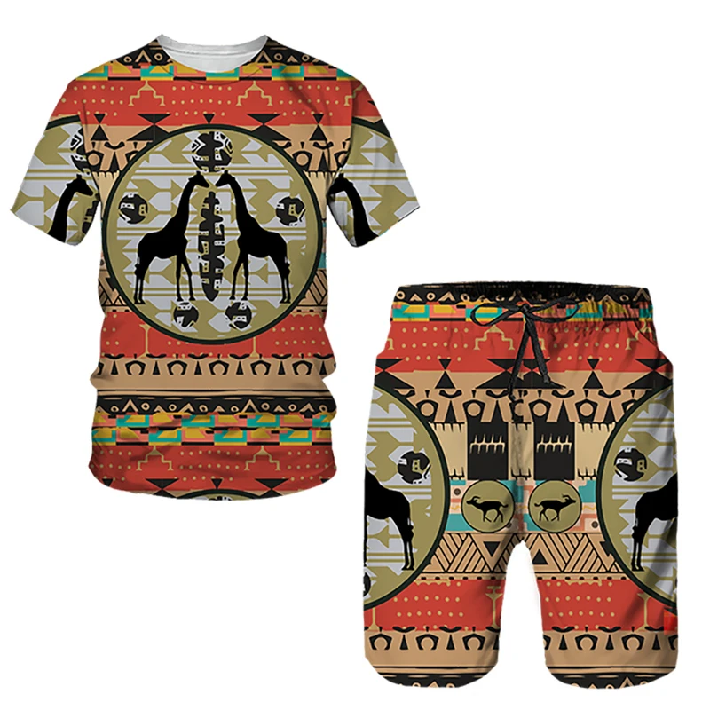 African Ethnic Style Men\'s T-shirt Sets 3D Print Tracksuit T Shirts Shorts 2 Pieces Streetwear Male Oversized Suits Sportswear