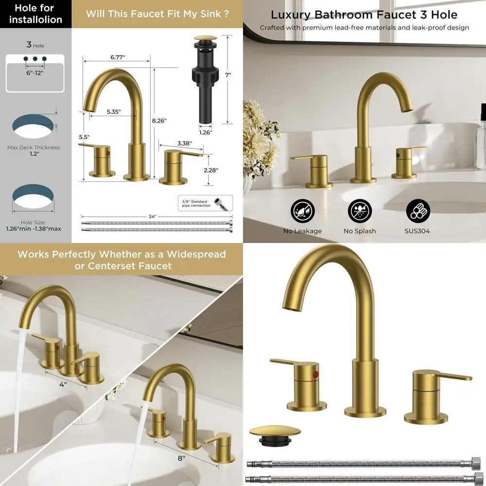 

8 Inch 3-Hole Brushed Gold Bathroom Faucet, Widespread Vanity with Aerator, 360° Swivel Spout, High Arc, Spotless Finish, Certif