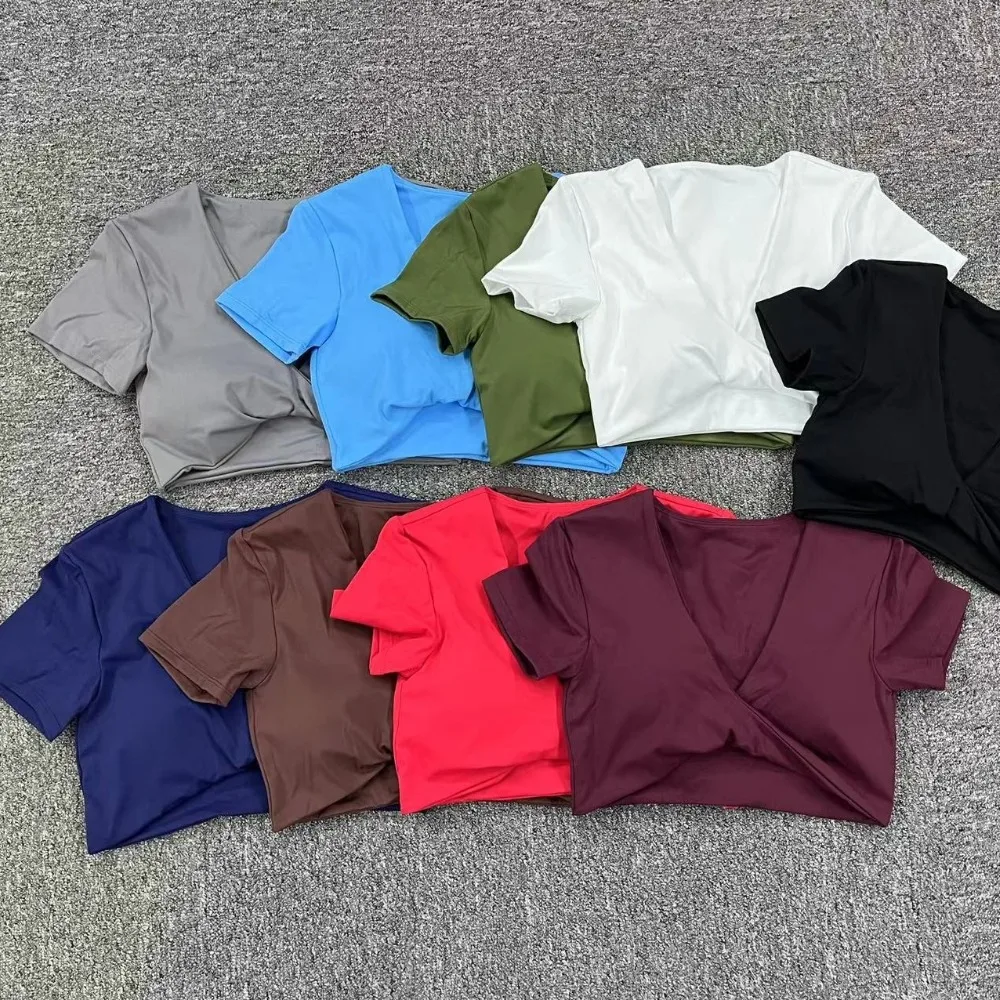 

Women Sports Tops Padding Gym Yoga T-shirt 2025 Short Sleeve Tight Slim Workout Shirts Sexy Deep V-Neck Fitness Short Crop Top