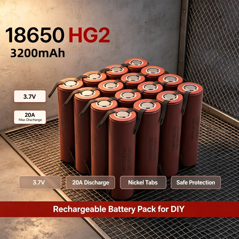 Batteria agli ioni di litio 18650 HG2 3200mAh 3.7V ad alta corrente 20A con linguette in nichel pre-saldate, facile da assemblare per pacchi batteria fai-da-te, trapani elettrici e scooter