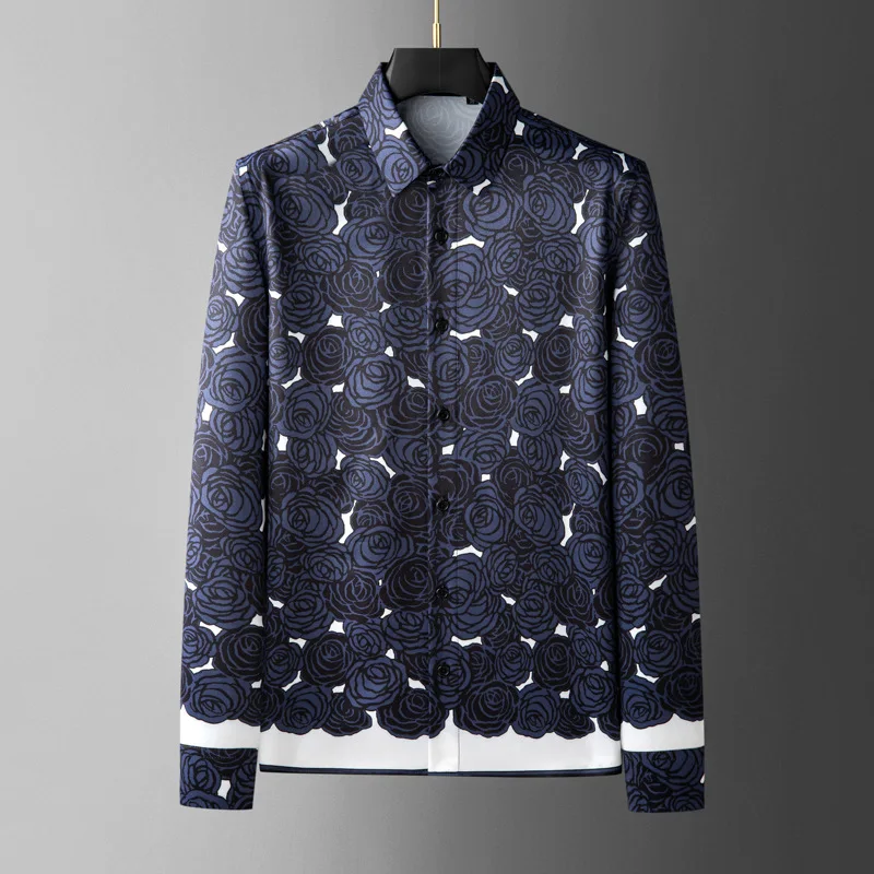 Trendy Flower Decoration Men's Long Sleeved Shirt No Ironing Casual Business Dressshirt Social Banquet Party Street Wear Shirts