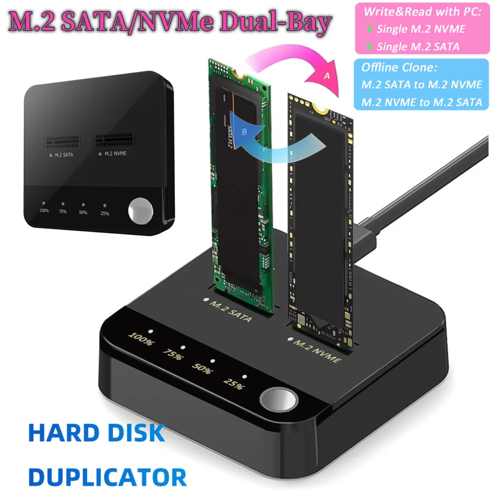 M.2 SATA/NVMe Dual-Bay Hard Disk Copier Offline Clone Docking Station Duplicator for SSD Size 2230/2242/2260/2280/22110