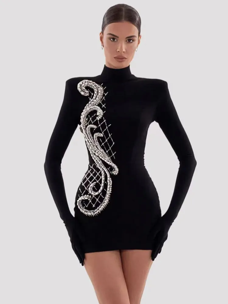 

Formal Dresses for Women 2023 Elegant Black Long Sleeve Half High Collar Crystal Diamonds Embroidery Bodycon Mini Bandage Dress