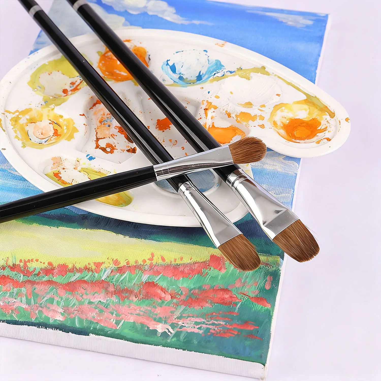 6개 세트 고급 늑대털 붓 학생용 수채화 아크릴 그림 평붓 오일 붓 미술 용품