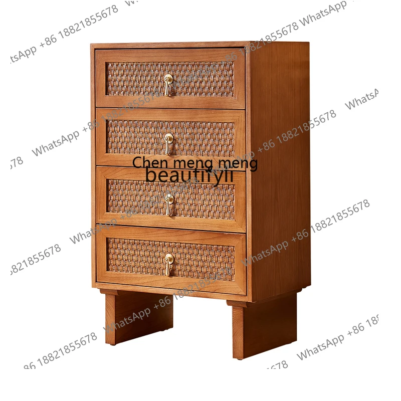 X Solid Wood Rattan Four-Bucket Cabinet Simple Modern Middle-Ancient Art Dining Side Drawer Storage Cabinet Japanese Style