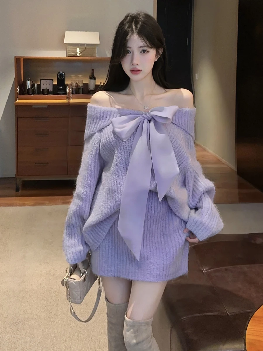 

Sweet Ele Gentle Sle Long Sve вязаный свитер с галстуком-бабочкой на одно плечо, облегающая юбка, комплект из двух предметов для женщин