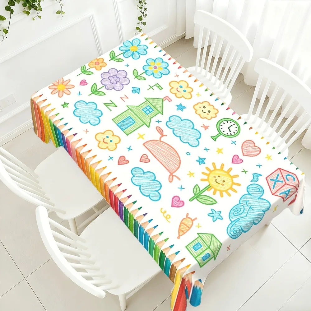 High-end versatile spring color crayon hand-drawn style flower cloud cottage sun tablecloth