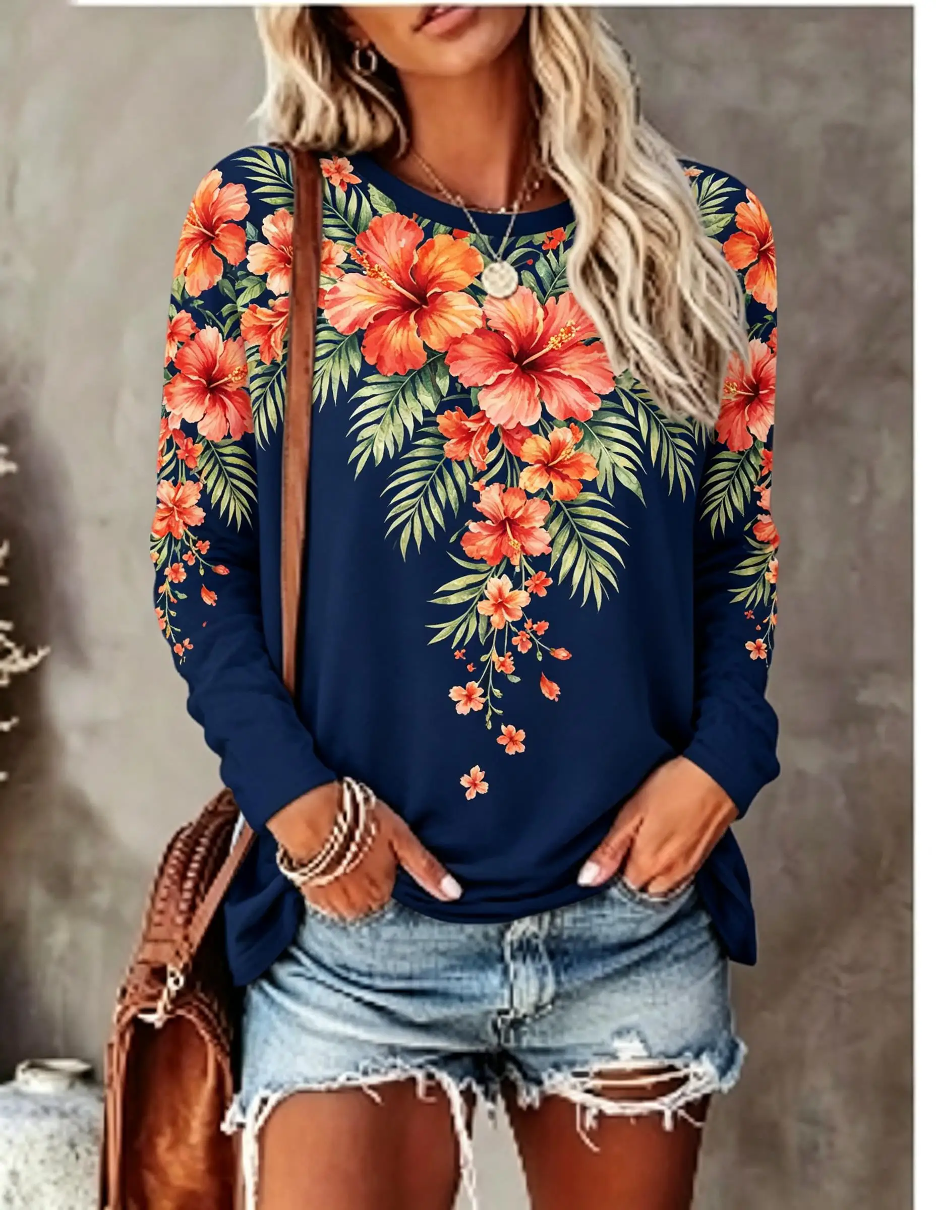 Women Long Sleeve T‑Shirt Vintage Hanging Botanical Floral Boho Print Crew Neck Casual Fall Tops