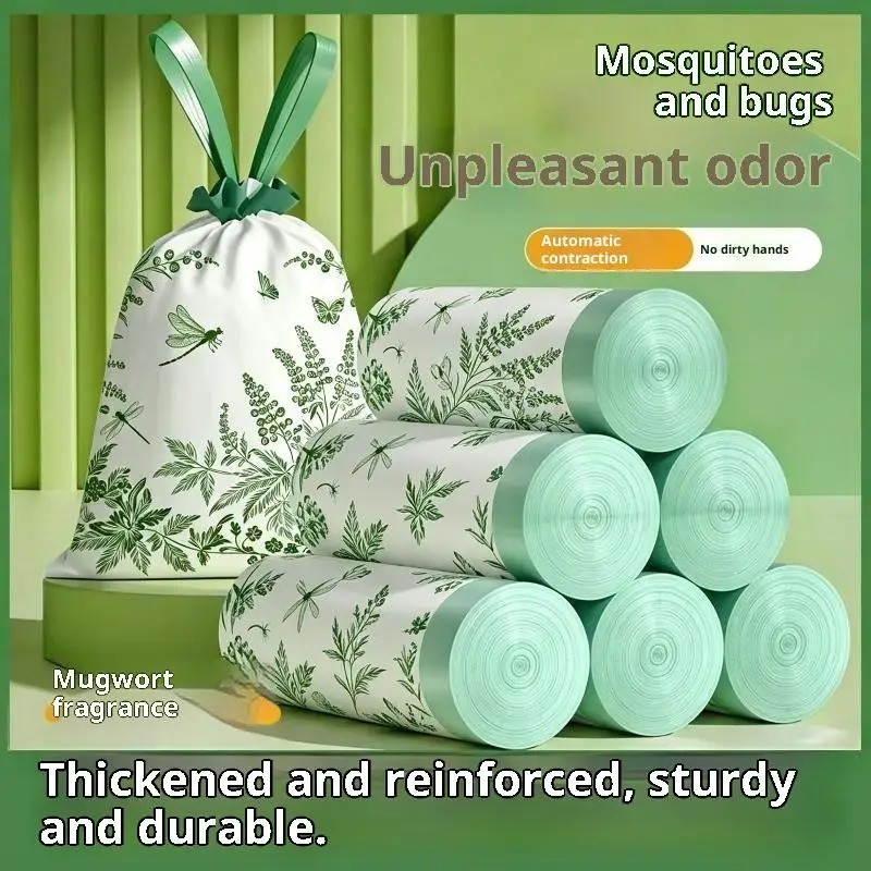 10 50pcs Drawstring Garbage Bags Mugwort Fragrance Extra Sturdy Anti Tear Disposable Trash Storage Pouches Daily Waste Collect