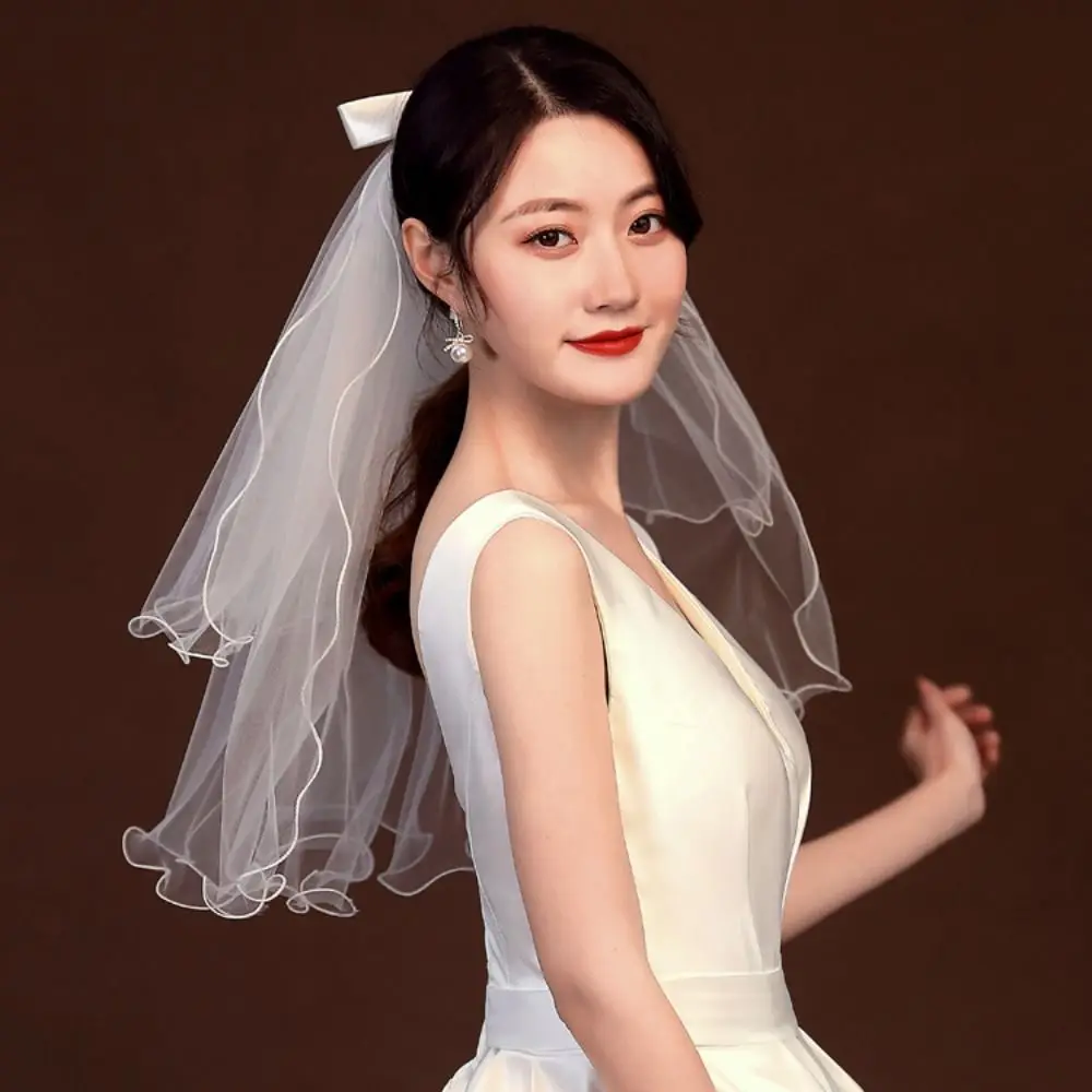 New Two Layer Bridal Veil Lace Edge Short Simple Wedding Veil White Women's Tulle image 2