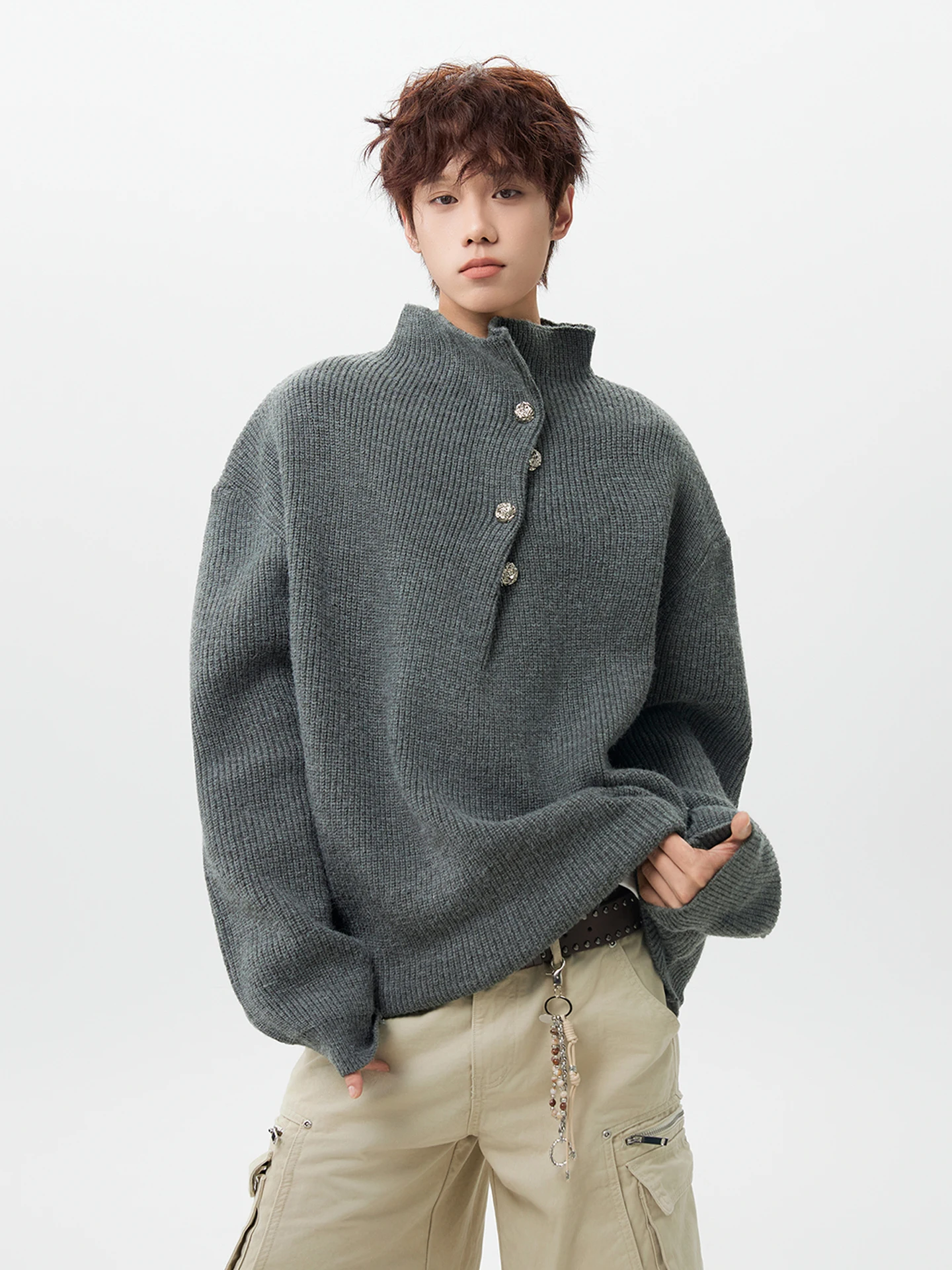 

Men's Knitted Sweater Stand Collar Casual Sle Asymmetric Button Design Warm Inner Wear Vintage American Lazy Sle New Model