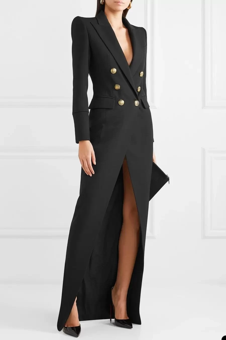 Black Evening Dress Gold Double Breasted Ladies Long Jacket Suit Ladies Prom Guest Formal Tailored Dress Blazer